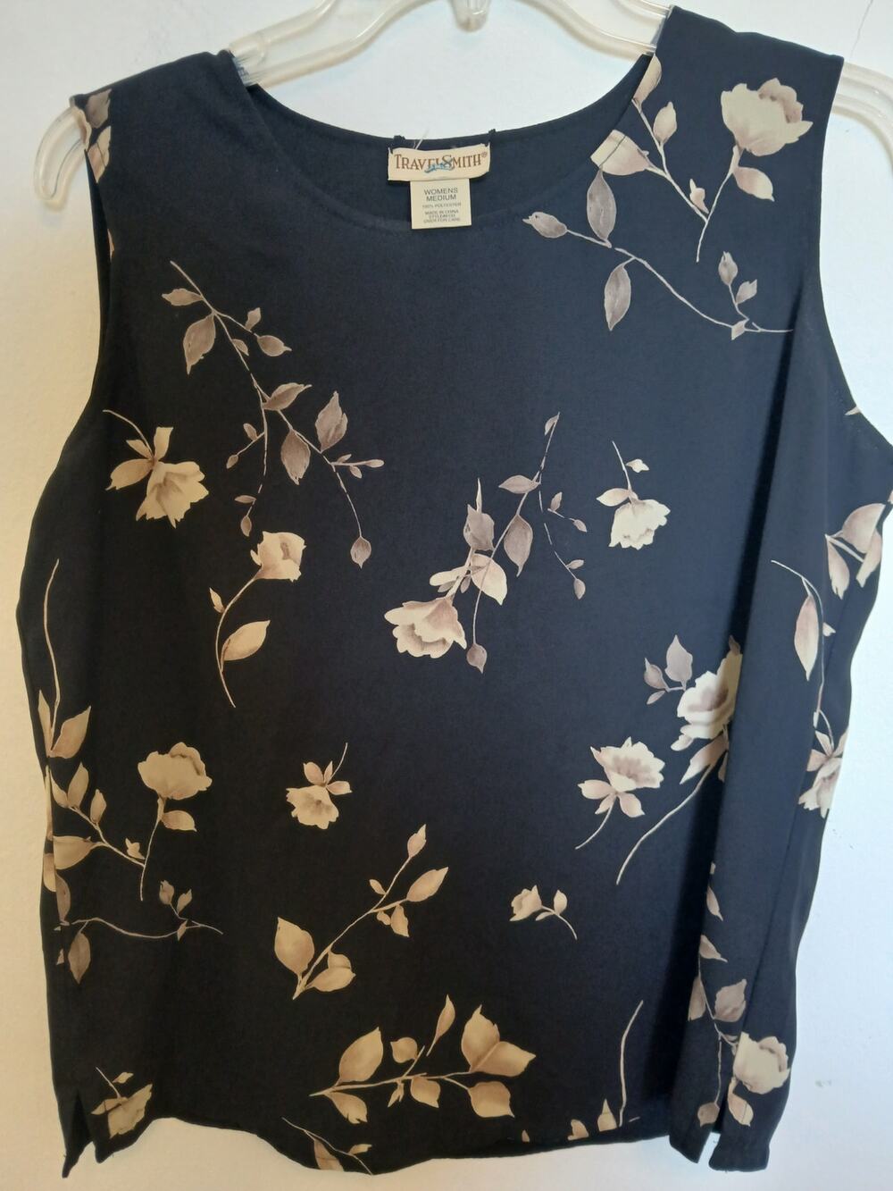 Travelsmith Reversible Black Beige Print Career Tank Top Sleeveless Shirt Medium